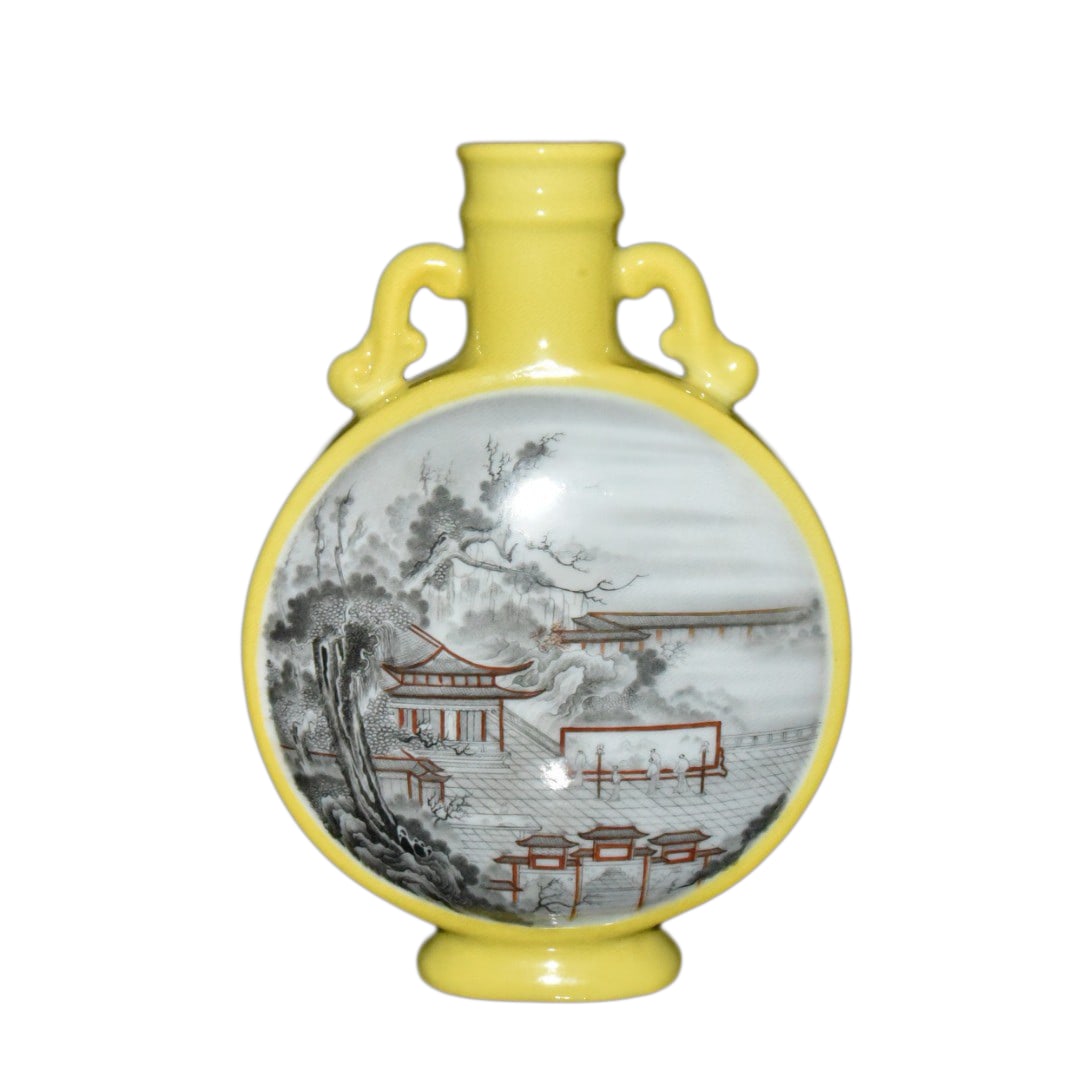 Chinese Yellow Glaze Mocai Porcelain Double Ear Flat Bottle Vase w Sages Meeting 232mmx165x85mm: Chinese Yellow Glaze Mocai Porcelain Figure Double Ear Flat Bottle Vase w Sages Meeting 232mmx165x85mm, Qing Dynasty Qianlong Mark Dimension: 232 x 165 x 85 (mm) 9.13 x 6.50 x 3.35(inches)