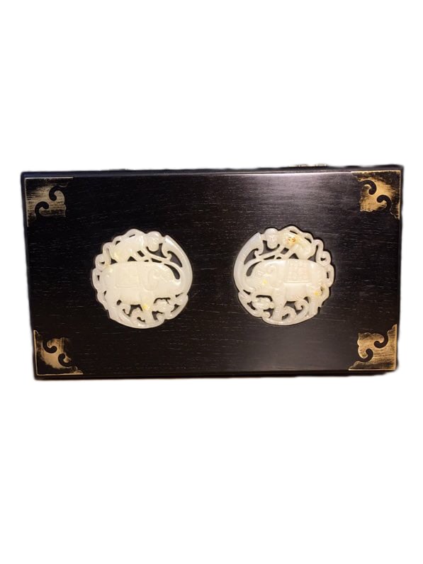 Chinese Zitan Wood Inlay Jade Jewellery Box w Elephant,Old 1130g (1 of 10)