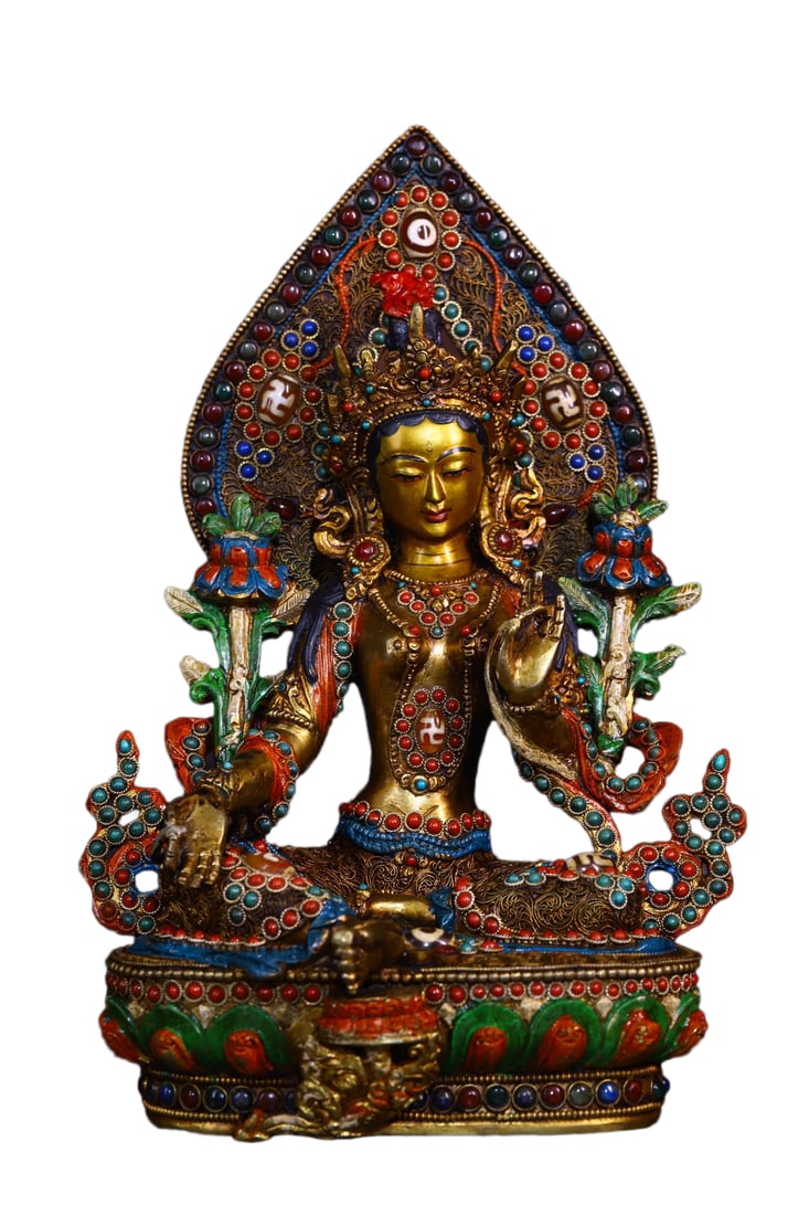 Tibetan Gilt Gold Copper Inlay DZI Agate & Gems Buddha Statue w Tara,Old 2600g (1 of 10)