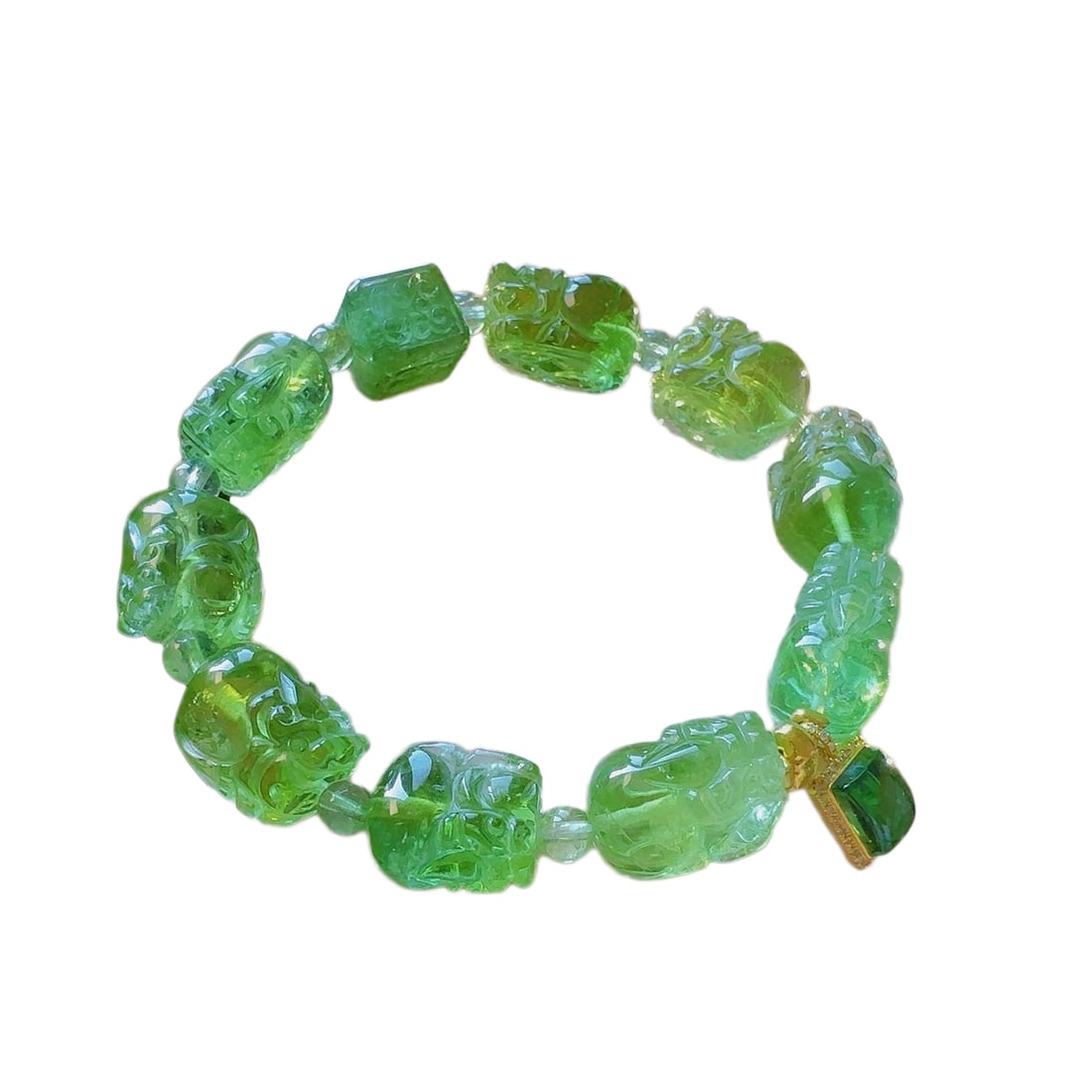 Natural Green Tourmaline Hand-Carved Beast Beads Bracelet w Fortune Pixiu 36.51g (1 of 10)