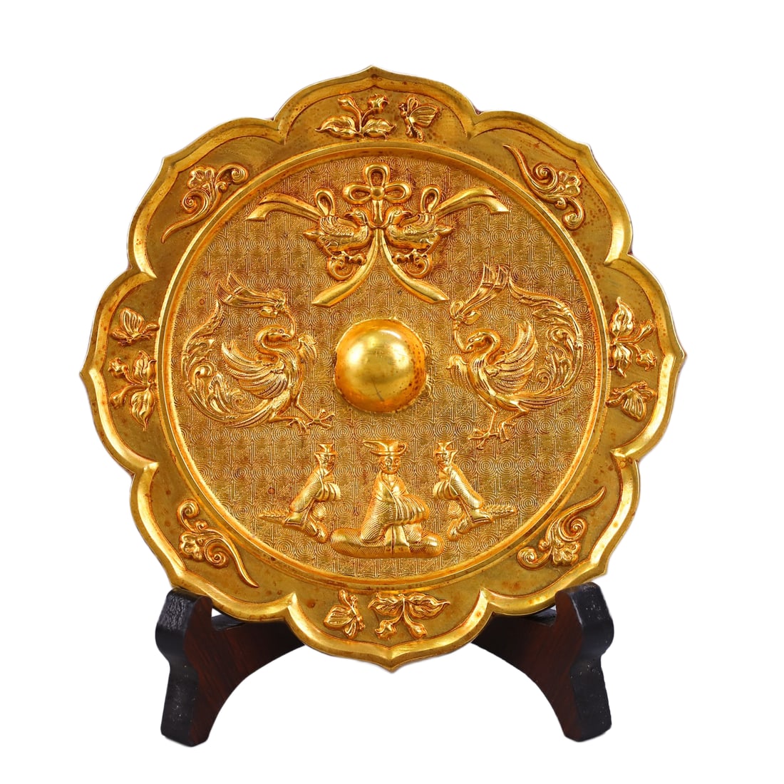 Chinese Gilt-Gold Copper Phoenix Sunflower Mirror?Old 775g: Chinese Gilt-Gold Copper Phoenix Sunflower Mirror?Old 775g Dimension: 145 (mm) 5.71 (inches) Weight: 1.71 lbs/ 775 g