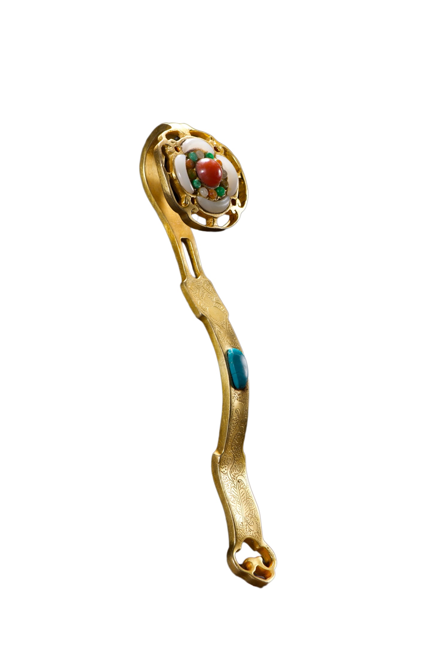 Chinese Gilt-Gold Copper Inlay Jade,Gems Ruyi Scepter Statue,Old 480g (1 of 11)