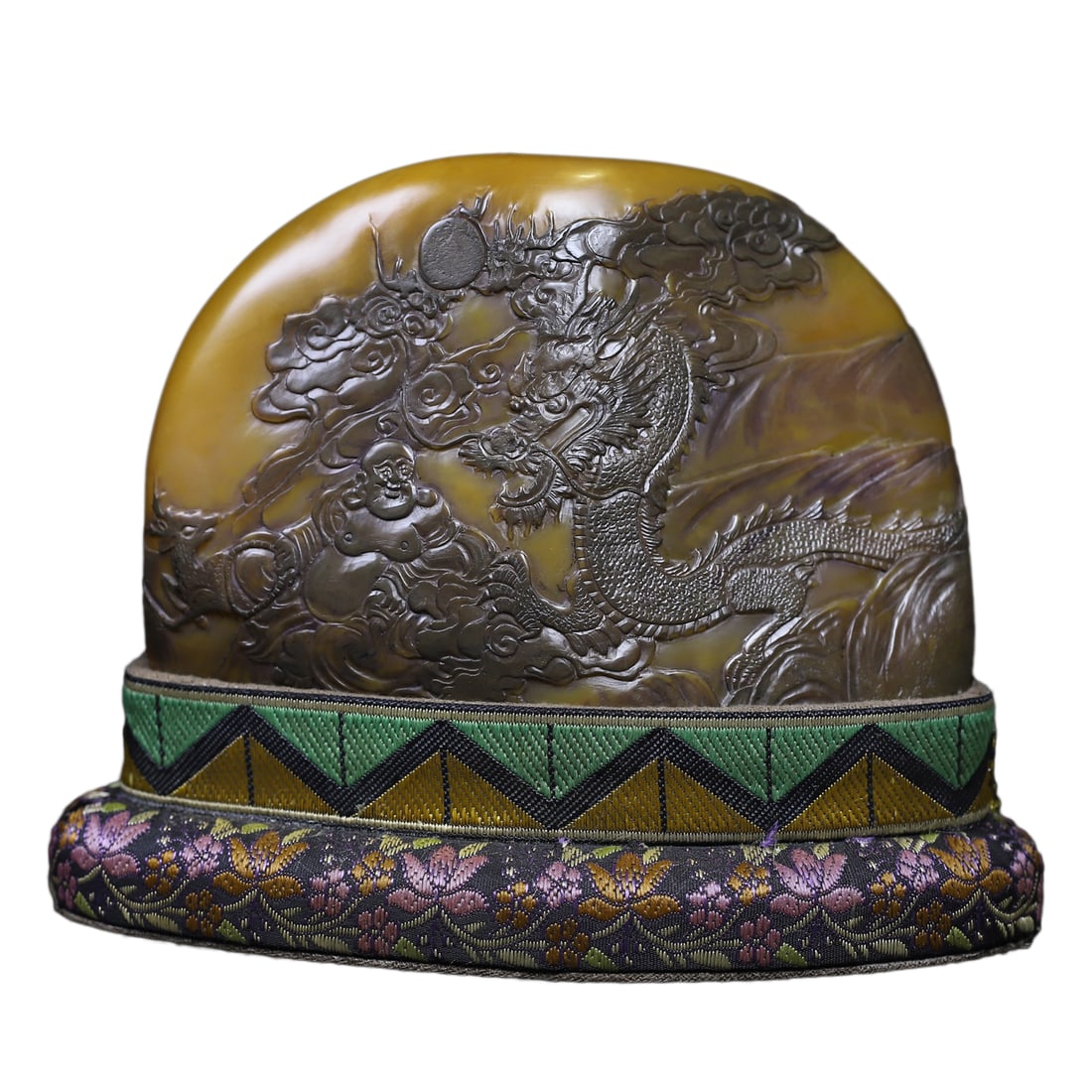 Chinese Black Skin Shoushan Stone Low Relief Seal w Laughing Buddha Dragon,Old 1406g (1 of 11)