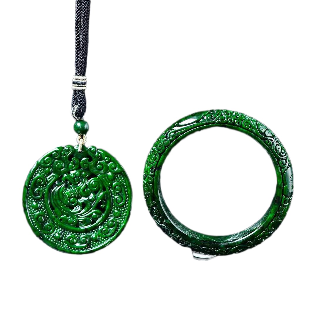 Inside Diameter 61mm Green Jadeite Flowers Bracelet w Green Jadeite Hand-Carved Phoenix Pendant (1 of 9)