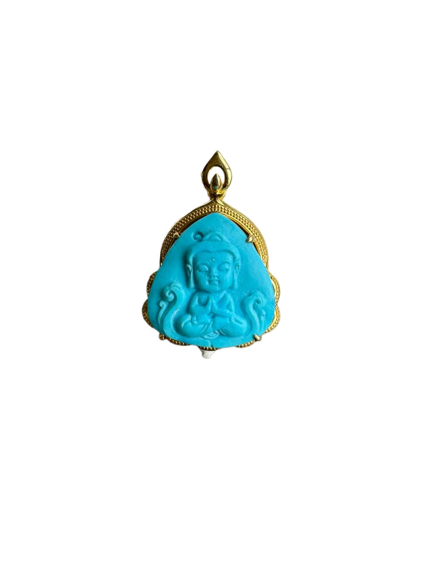 18K Gold Inlay Turquoise Hand-Carved Figure Pendant w Living Buddha Ji Gong (1 of 10)