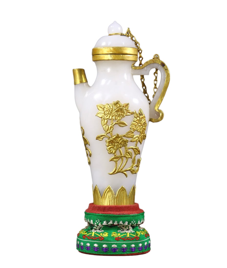 Chinese Inlaying Gold Edge Hetian Jade Pot 247g (1 of 9)