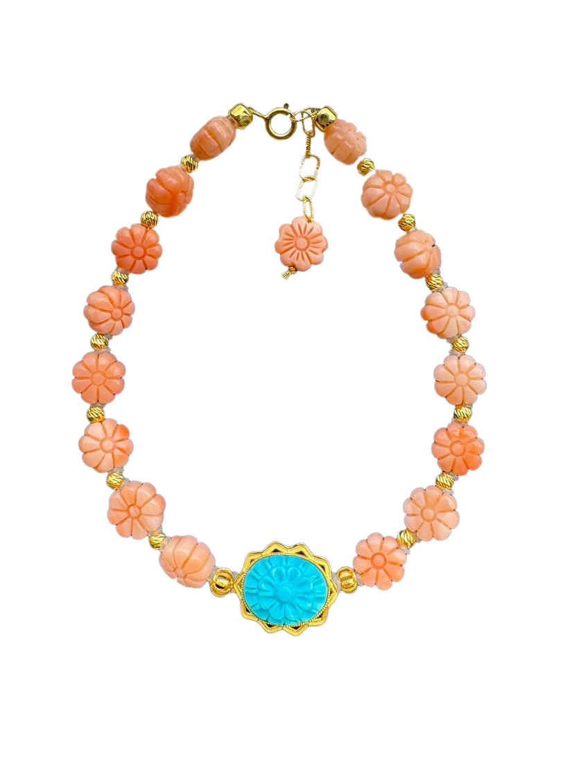 18K Gold Inlay Turquoise,Coral Beads Bracelet: 18K Gold Inlay Turquoise,Coral Beads Bracelet