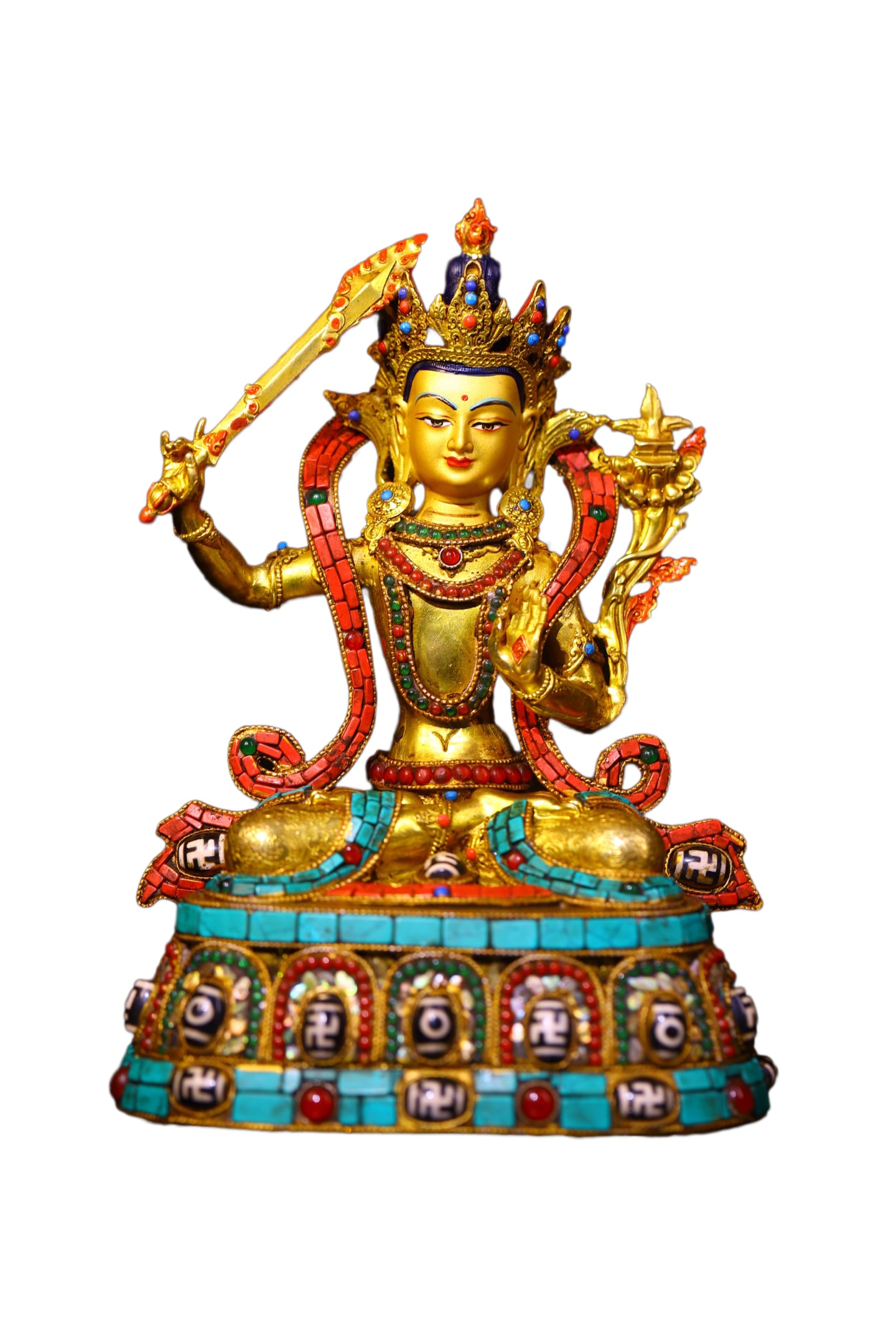 Tibetan Gilt Gold Copper Inlay Turquoise & Gems Buddha Statue w Manjushri Bodhisattva,Old 2200g: Tibetan Gilt Gold Copper Inlay Turquoise & Gems Buddha Statue w Manjushri Bodhisattva,Old 2200gDimension: 215 x 150 (mm)8.46 x 5.90 (inches) Weight: 4.85 lbs/ 2200 g