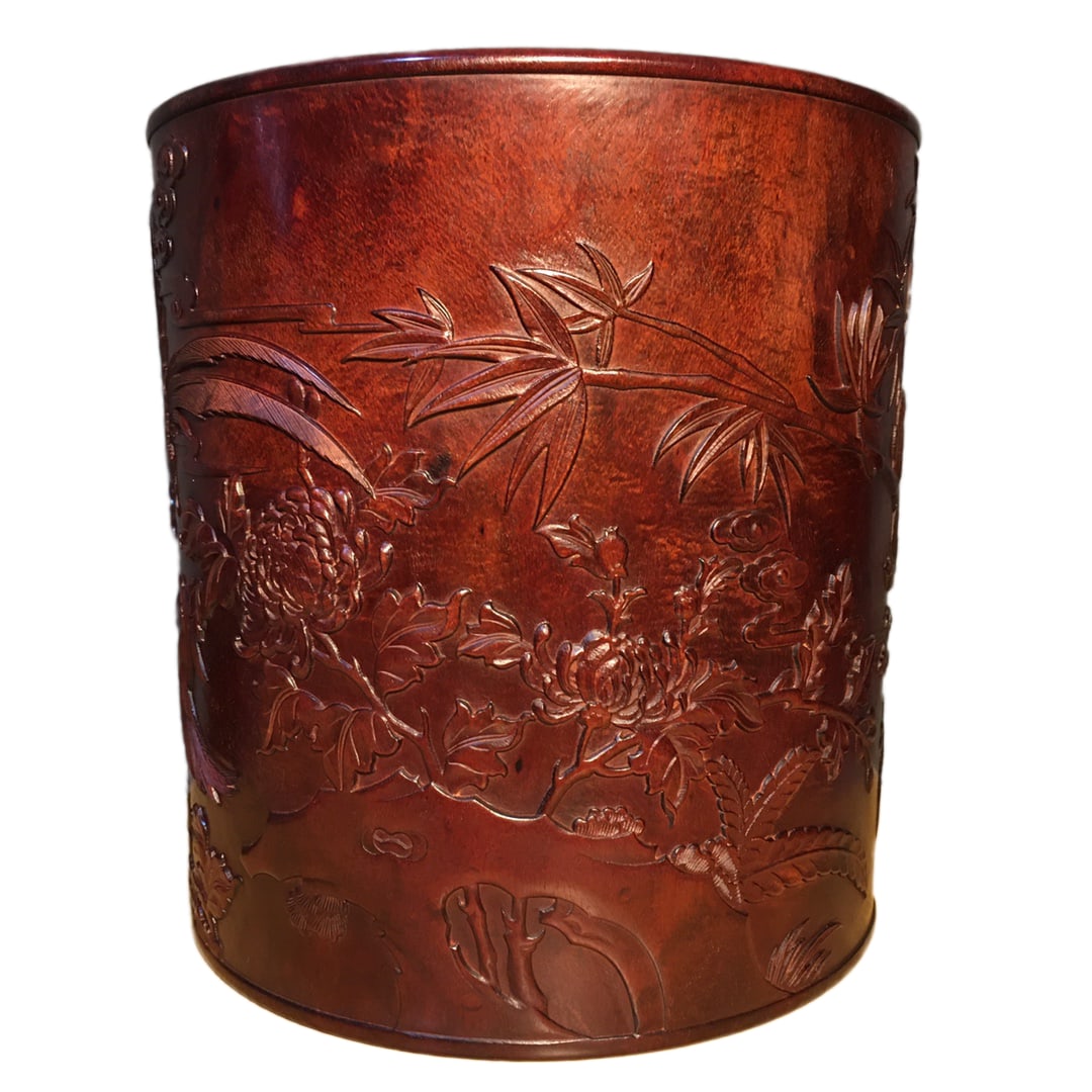 Chinese Huanghuali Wood Low Relief Flowers Bird Design Brush Pot (1 of 10)