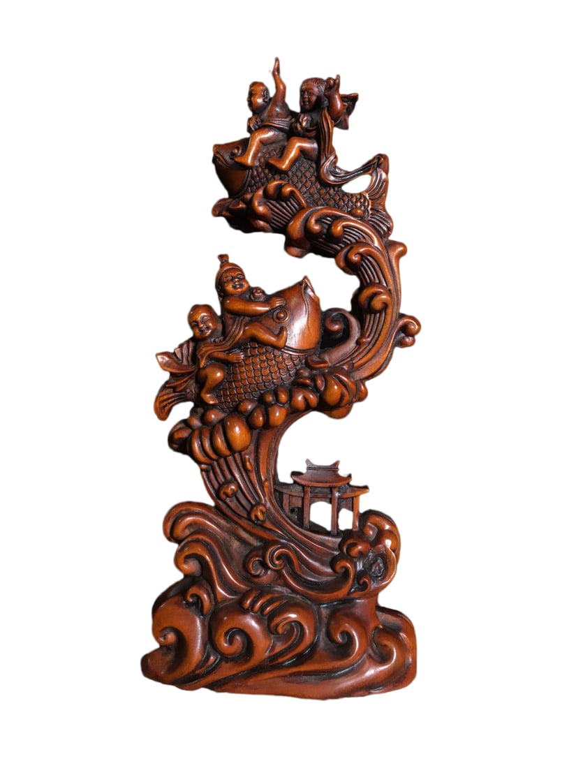 Chinese Boxwood Wood Hand-Carved Kid Statue w Urchin Carp,Old 130g (1 of 10)