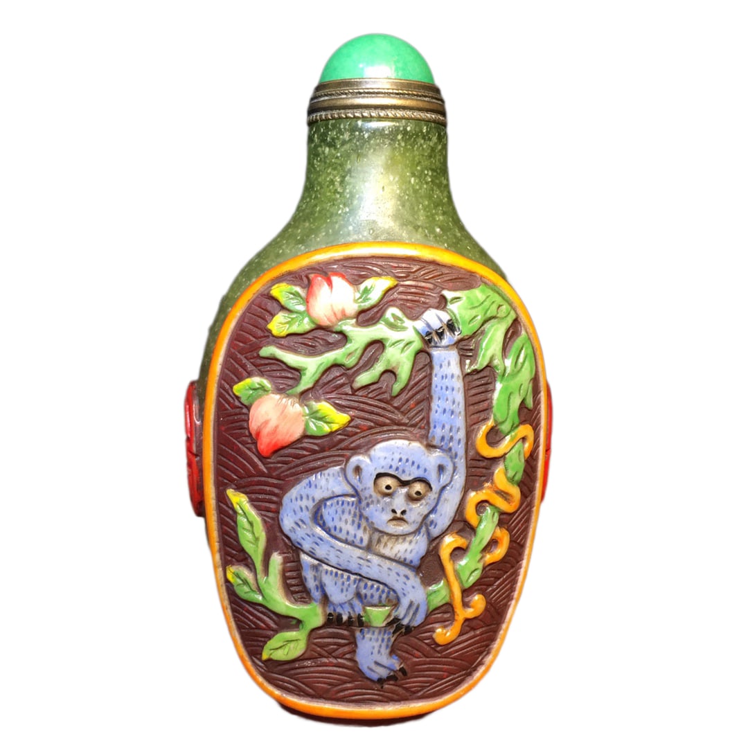 Chinese Peking Glass Low Relief Monkey & Peach Design Snuff Bottle (1 of 10)