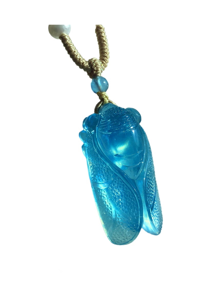 Aquamarine Hand-Carved Divine Animal Pendant w Fortune Cicada 12.13g (1 of 9)