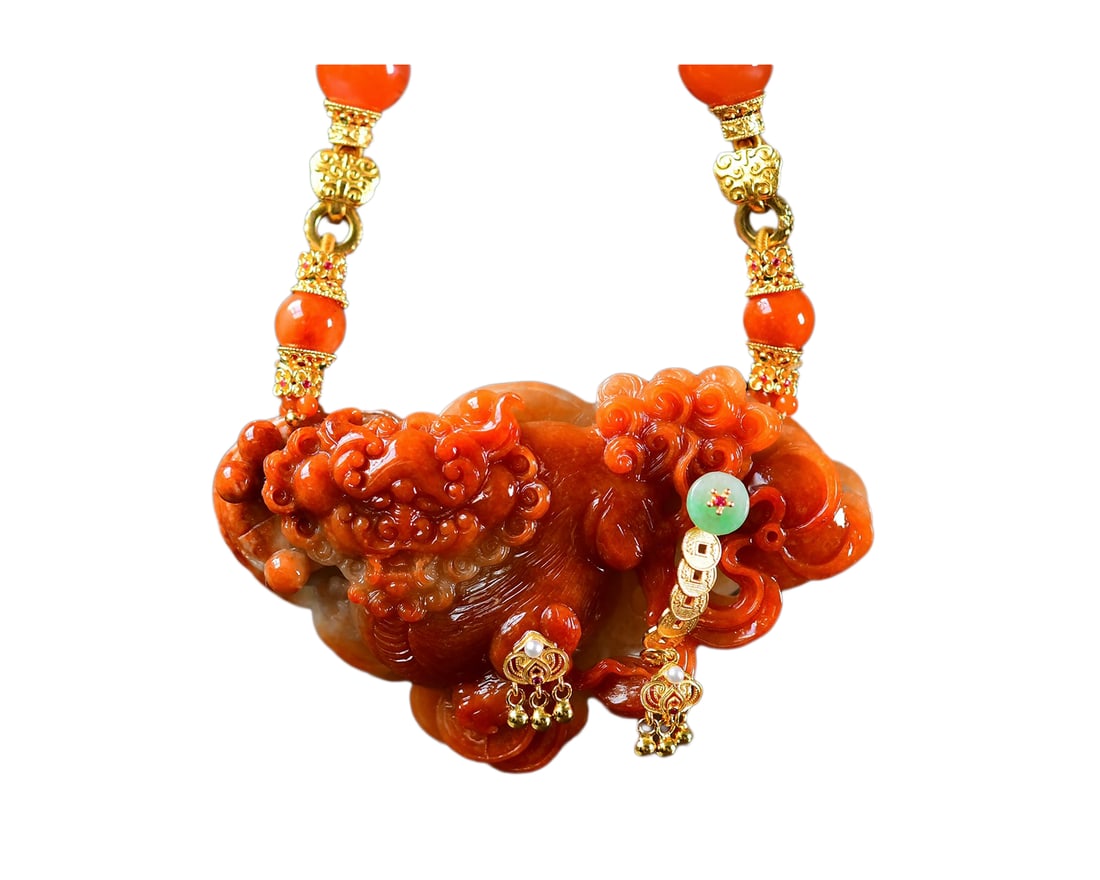 Red Jadeite Hand-Carved Beast Pendant w Pixiu & Hand Woven Red Jadeite Chenxiang Wood Beads Necklace (1 of 7)