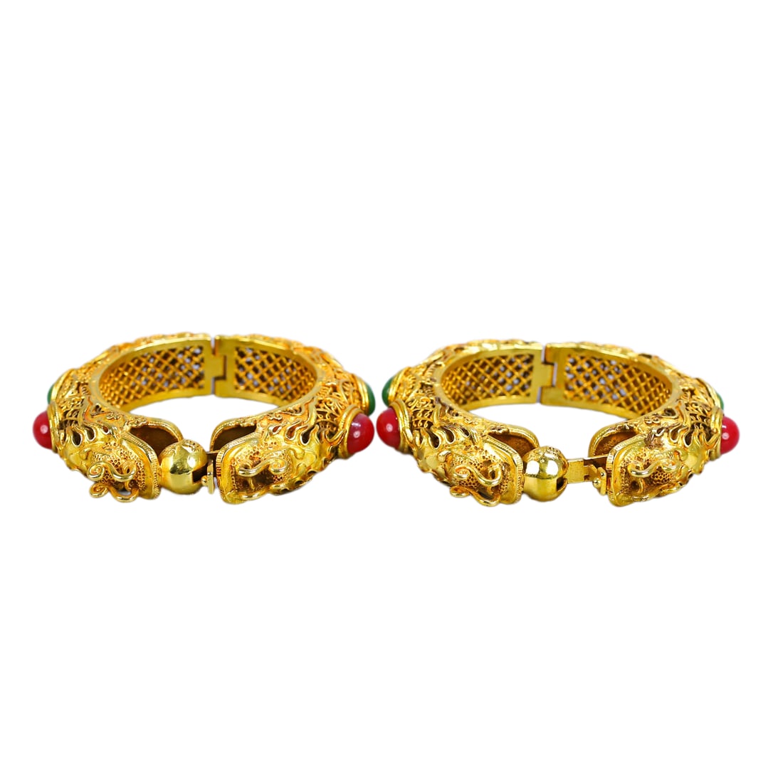 A Pair Chinese Gilt-Gold Copper Double Dragon Bracelet 282g (1 of 11)