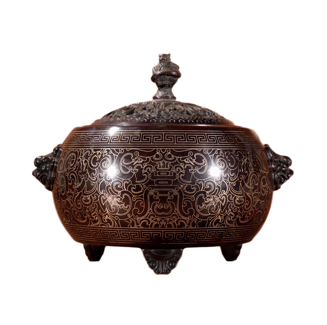 Chinese Copper Inlay Silver Wires Double Ears Incense Burner w Fortune Dragon 3400g (1 of 10)