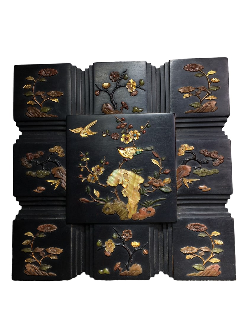 Chinese Zitan Wood Inlay Shoushan Stone & Shell Plum Flower & Magpie Jewellery Box,Old 2460g (1 of 10)