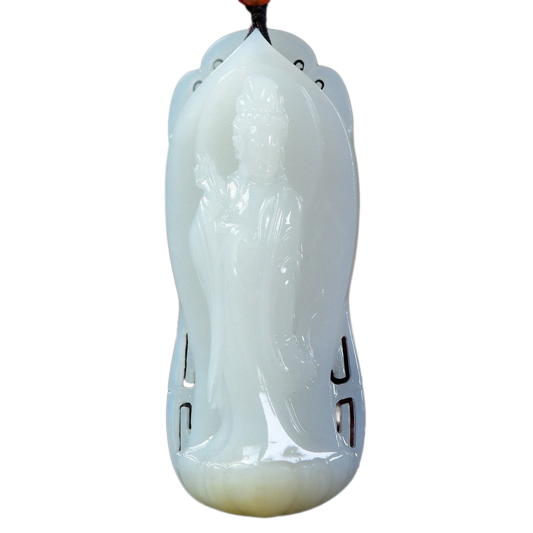 Chinese Hetian Jade Hand-Carved Figure Pendant w Kwan-yin,35.61g: Chinese Hetian Jade Hand-Carved Figure Pendant w Kwan-yin,35.61gDimension: 76.3 x 34.1 x 17.4 (mm) 3 x 1.34 x 0.68 (inches) Weight: 0.08 lbs/ 35.61 g