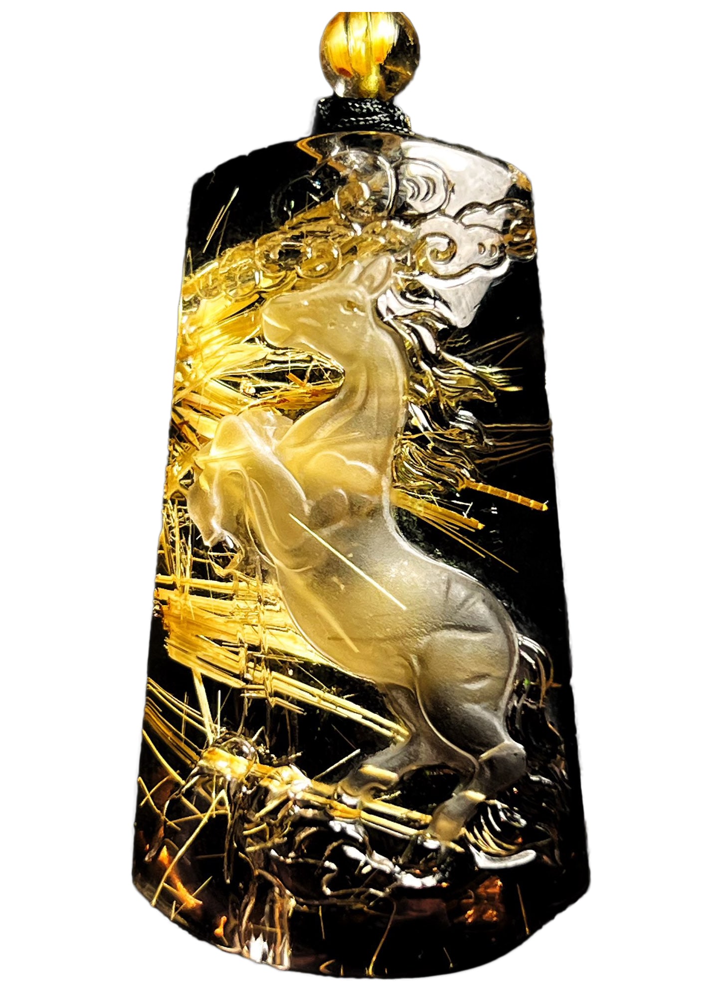 Natural Titanium Crystal Hand-Carved Animal Pendant w Fortune Horse 35.5g: Natural Titanium Crystal Hand-Carved Animal Pendant w Fortune Horse 35.5g Dimension: 50 x 28 x 13 (mm) 1.97 x 1.10 x 0.51 (inches) Weight: 0.08 lbs/ 35.5 g