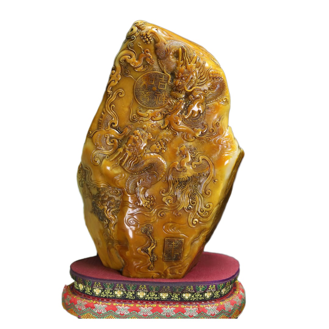 Chinese Tianhuang Stone Low Relief Beast Seal Statue w Dragon Phoenix,Old 9500g (1 of 11)