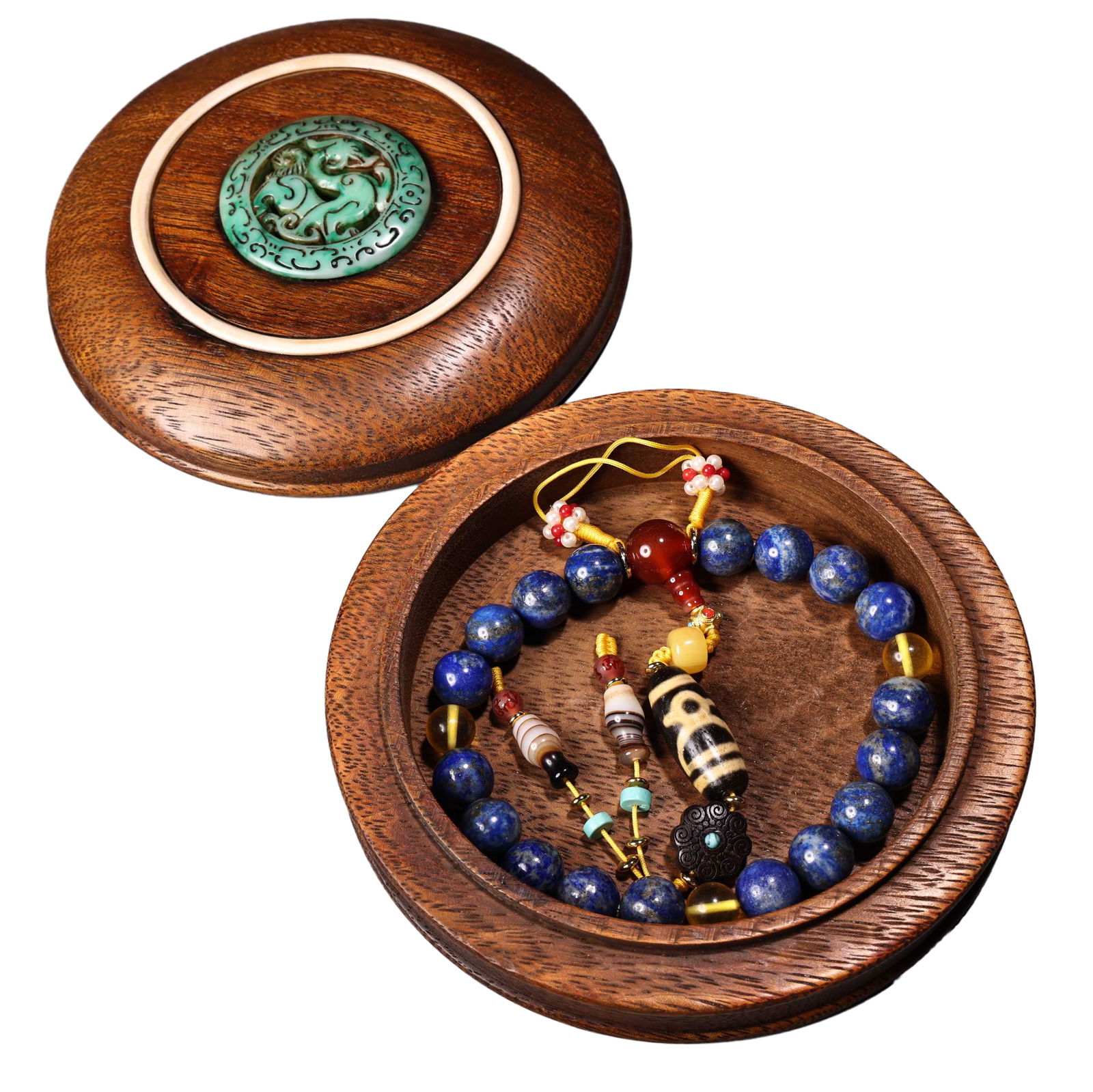 Natural Lapis Lazuli & DZI Agate Beads Bracelet w Wood Box,Old 70g (1 of 10)