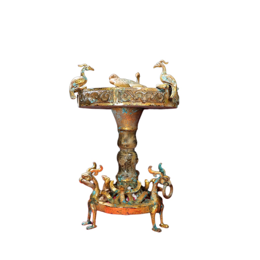 Chinese Gilt Gold Bronze Inlay Hetian Jade Divine Beast Candlestick,Old 1975g: Chinese Gilt Gold Bronze Inlay Hetian Jade Divine Beast Candlestick,Old 1975g Dimension: 246 x 173 (mm) 9.68 x 6.81 (inches) Weight: 4.35 lbs/ 1975 g