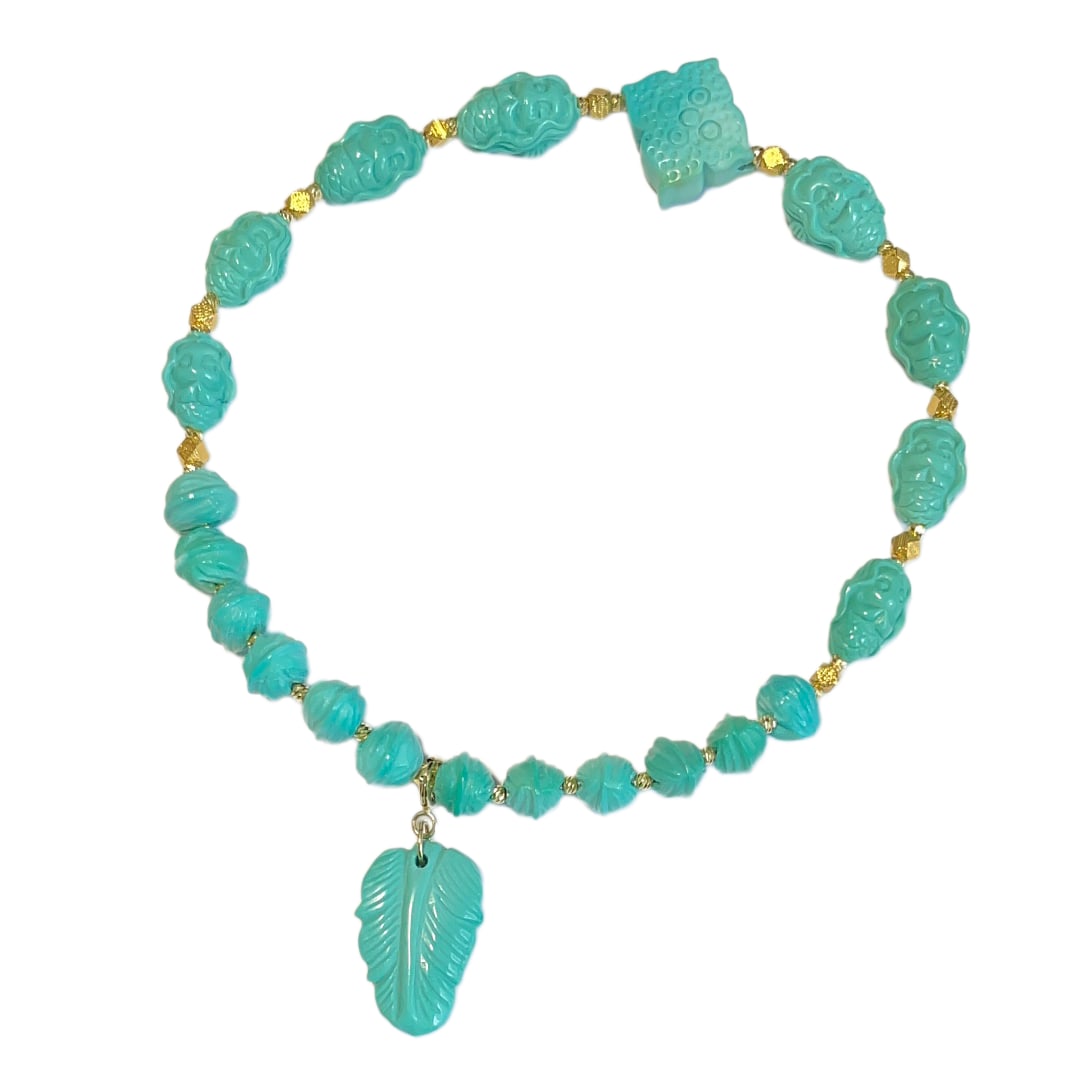 Turquoise Hand-Carved Mermaid Beads 18K Gold Buckle Bracelet: Turquoise Hand-Carved Mermaid Beads 18K Gold Buckle BraceletDimension: 11 (mm) 0.43 (inches) Dimension: 6 (mm) 0.24 (inches)