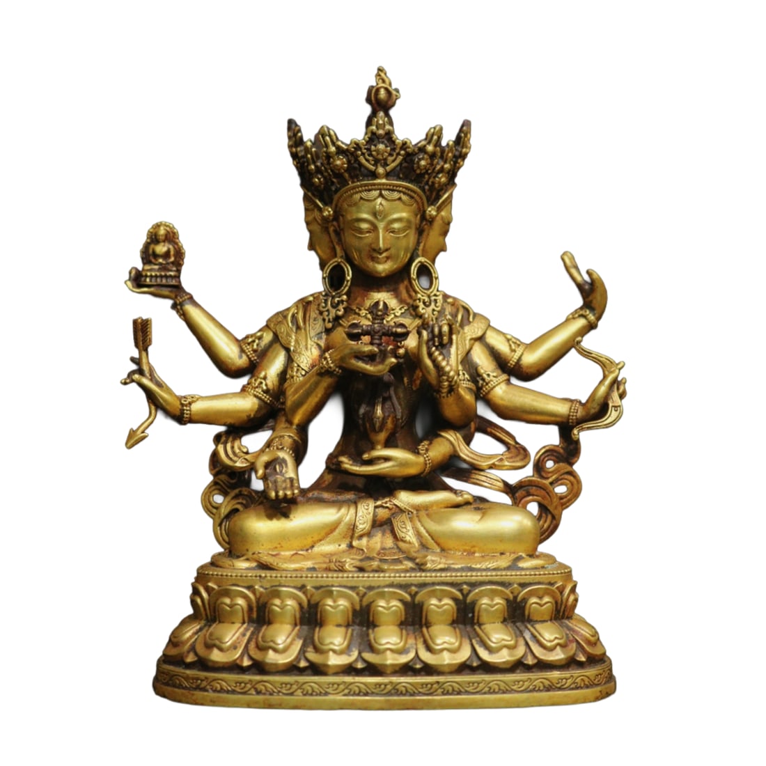 Tibetan Gilt Gold Copper Buddha Statue w Eight Arm Kwan-yin (1 of 10)