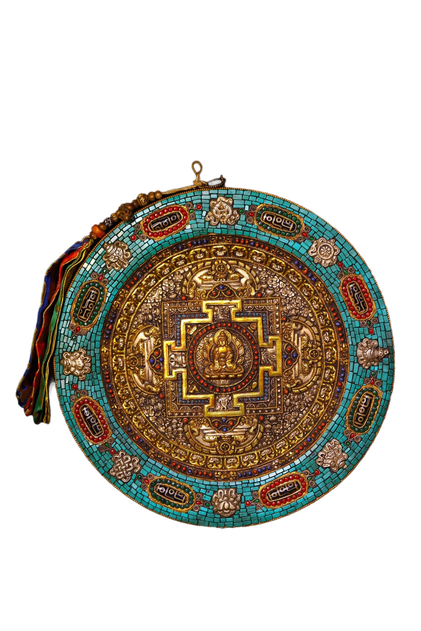 Tibetan Gilt Gold Copper Inlay Turquoise,Turquoise,Lapis Lazuli,DZI Agate Tangka,Old 1150g: Tibetan Gilt Gold Copper Inlay Turquoise,Turquoise,Lapis Lazuli,DZI Agate Tangka,Old 1150gDimension: 330 x 300 x 25 (mm) 12.99 x 11.81 x 0.98 (inches) Weight: 2.53 lbs/ 1150 g