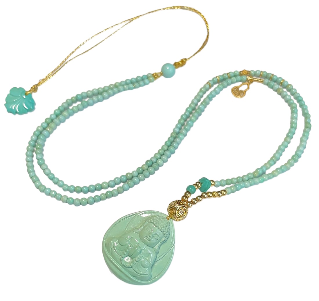 Natural Turquoise Hand-Carved Buddha Pendant w Hand Woven Beads Necklace (1 of 10)