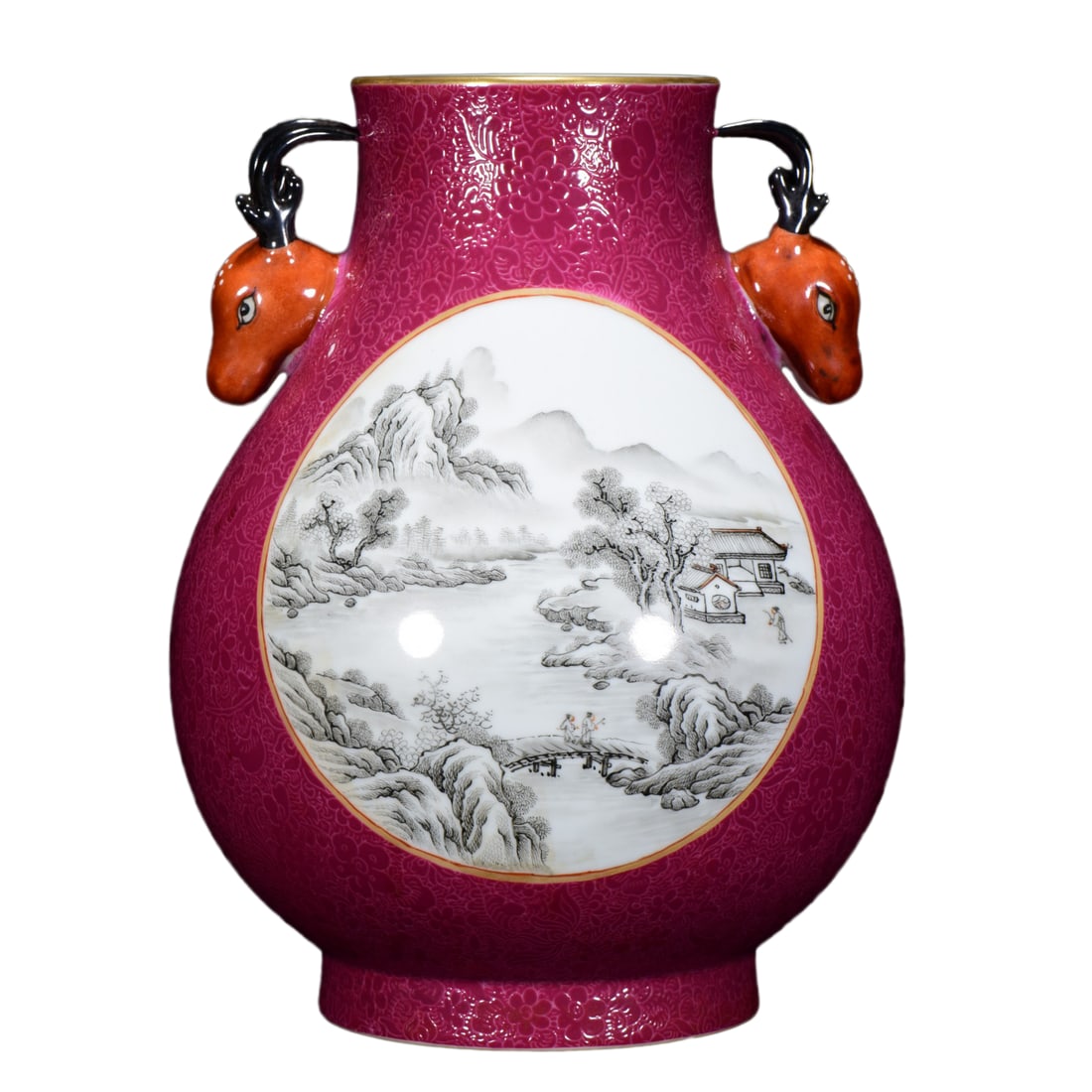 Chinese Rouge Red Glaze Mocai Porcelain Double Ear Jar w Deer 260mmx200mm, Qing Dynasty Yongzheng: Chinese Rouge Red Glaze Mocai Porcelain Double Ear Jar w Deer 260mmx200mm, Qing Dynasty Yongzheng Mark Dimension: 260 x 200 (mm) 10.24 x 7.87 (inches)
