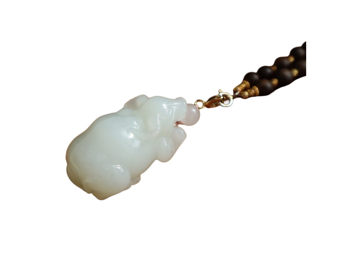 Chinese Hetian Jade Hand-Carved Animal Pendant w Fortune Ox & Chenxiang Wood Beads Necklace (1 of 10)