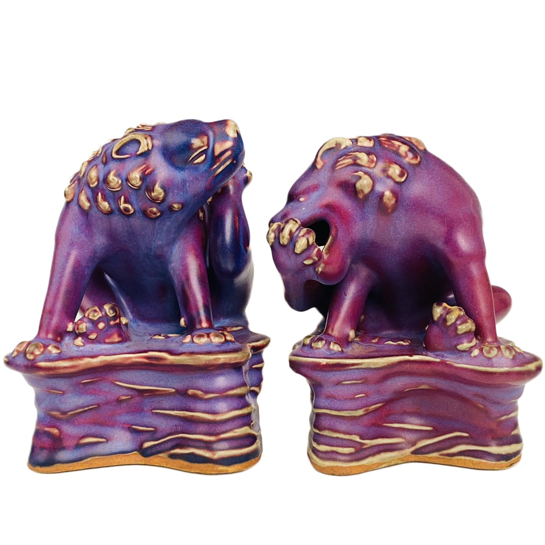 A Pair Chinese Jun Kiln Porcelain Fortune Lion Statues 180mmx140mm (1 of 10)