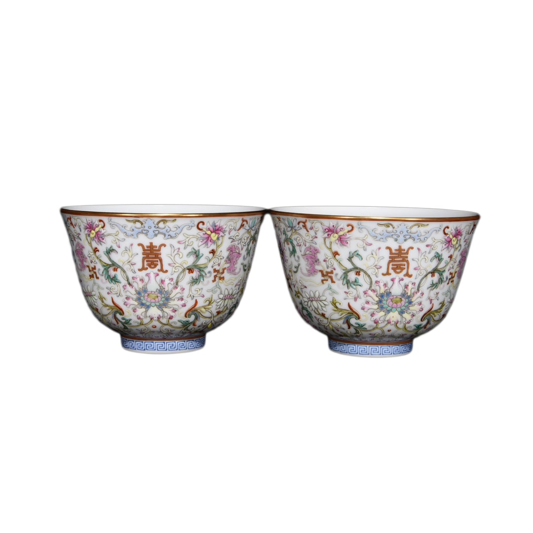 A Pair Chinese Famille Rose Porcelain Cups w Flowers 98mmx65mm, Qing Dynasty (1 of 10)