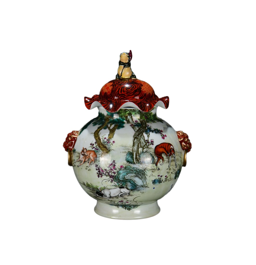 Chinese Famille Rose Enamel Porcelain Animal Pot w Dog 340mmx260mm, Qing Dynasty Qianlong Mark: Chinese Famille Rose Enamel Porcelain Animal Pot w Dog 340mmx260mm, Qing Dynasty Qianlong Mark Dimension: 340 x 260 (mm) 13.38 x 10.24 (inches)
