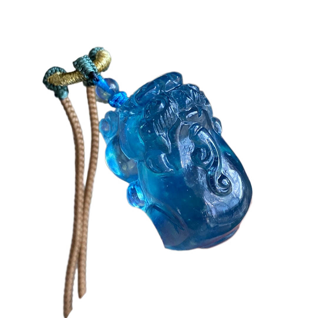 Aquamarine Hand-Carved Divine Beast Pendant w Fortune Xiu 21.9g (1 of 10)