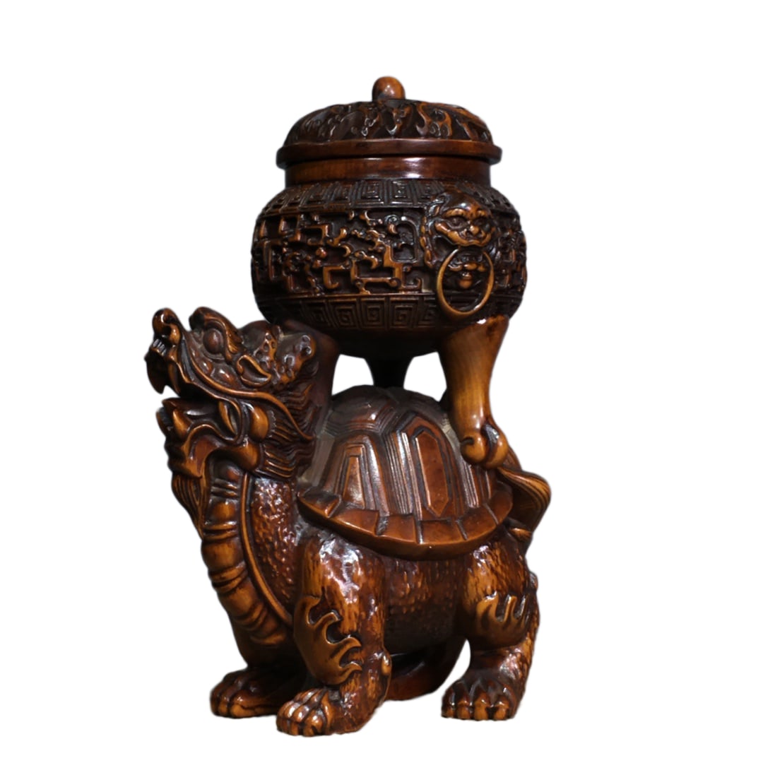 Chinese Boxwood Wood Dragon Turtle Incense Burner (1 of 7)