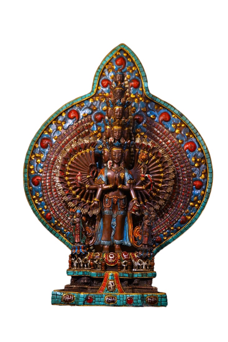 Tibetan Gilt Gold Copper Inlay Turquoise & DZI Agate & Gems Buddha Statue w Thousand-Hand Guanyin: Tibetan Gilt Gold Copper Inlay Turquoise & DZI Agate & Gems Buddha Statue w Thousand-Hand Guanyin Dimension: 370 x 270 (mm) 14.57 x 10.63 (inches) Weight: 5.40 lbs/ 2450 g