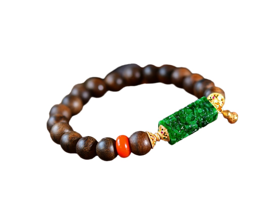 Green Jadeite & Chenxiang Woood & Nanhong Agate Beads Bracelet (1 of 7)