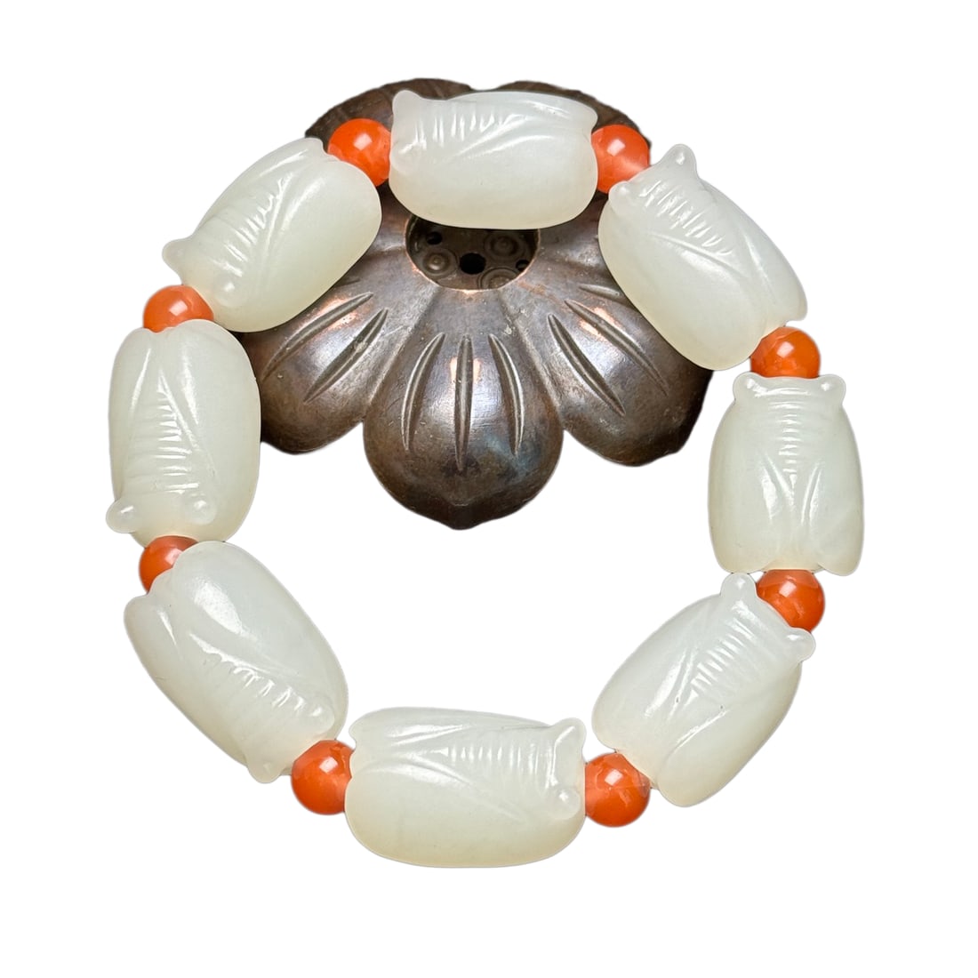 Chinese Hetian Jade Hand-Carved Animal Beads Bracelet w Fortune Cicada 68g (1 of 10)