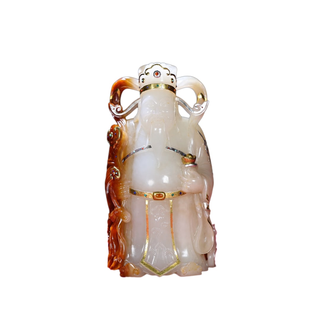 Gold/Silver Inlay Hetian Jade Hand-Carved Figure Statue w Fortune Taoism Deity: Gold/Silver Inlay Hetian Jade Hand-Carved Figure Statue w Fortune Taoism DeityDimension: 152 x 78 x 53 (mm) 5.98 x 3.07 x 2.09 (inches) Weight: 1.89 lbs/ 856 g