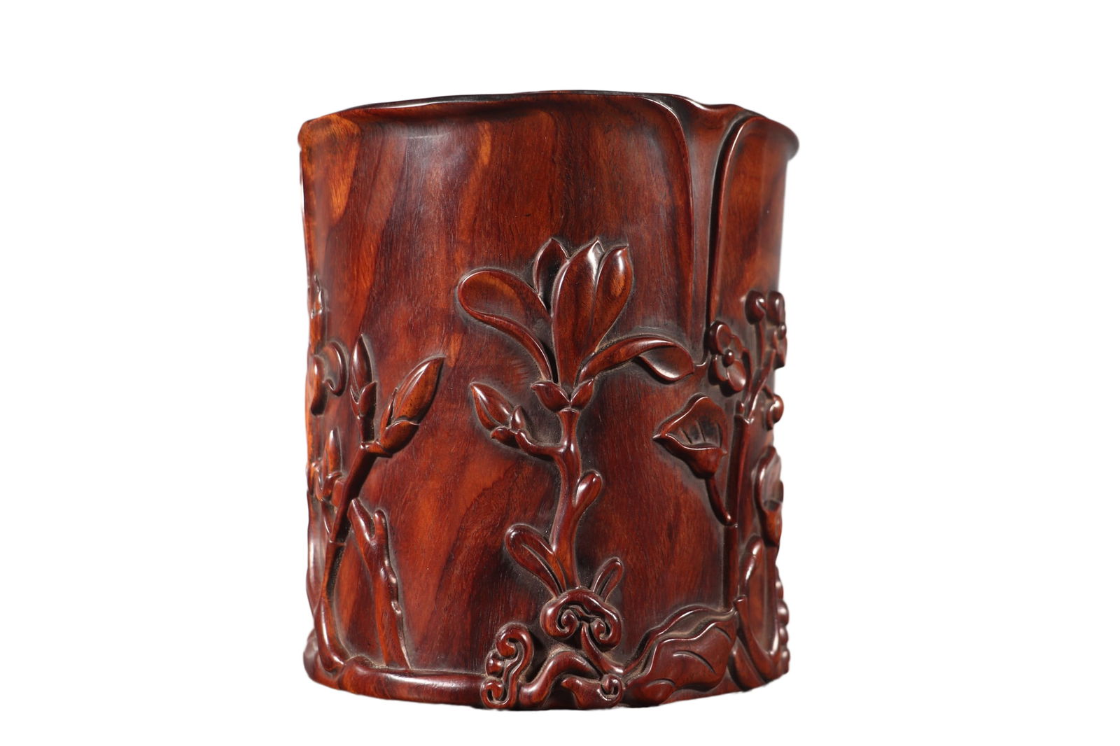 Vintage Huanghuali Wood Floral Motifs Brush Pot w A Hundred Flowers Blooming: Vintage Huanghuali Wood Floral Motifs Brush Pot w A Hundred Flowers BloomingDimension: 180 x 170 x 170 (mm) 7.09 x 6.69 x 6.69 (inches) Weight: 1.98 lbs/ 900 g