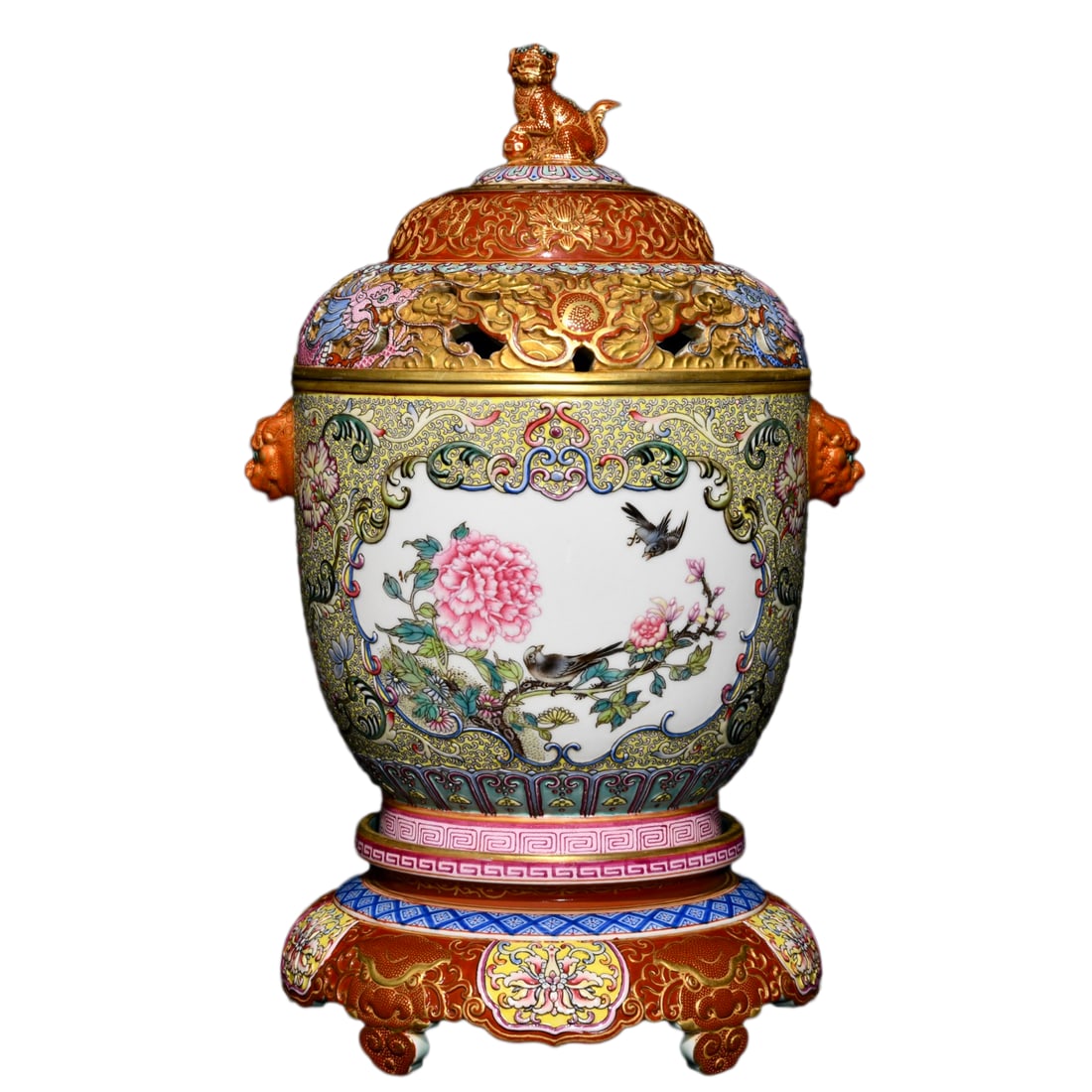 Porcelain Incense Burner Gilt Gold Famille Rose w Plum Flower & Magpie,Dragon Motifs,Qing Dynasty (1 of 10)