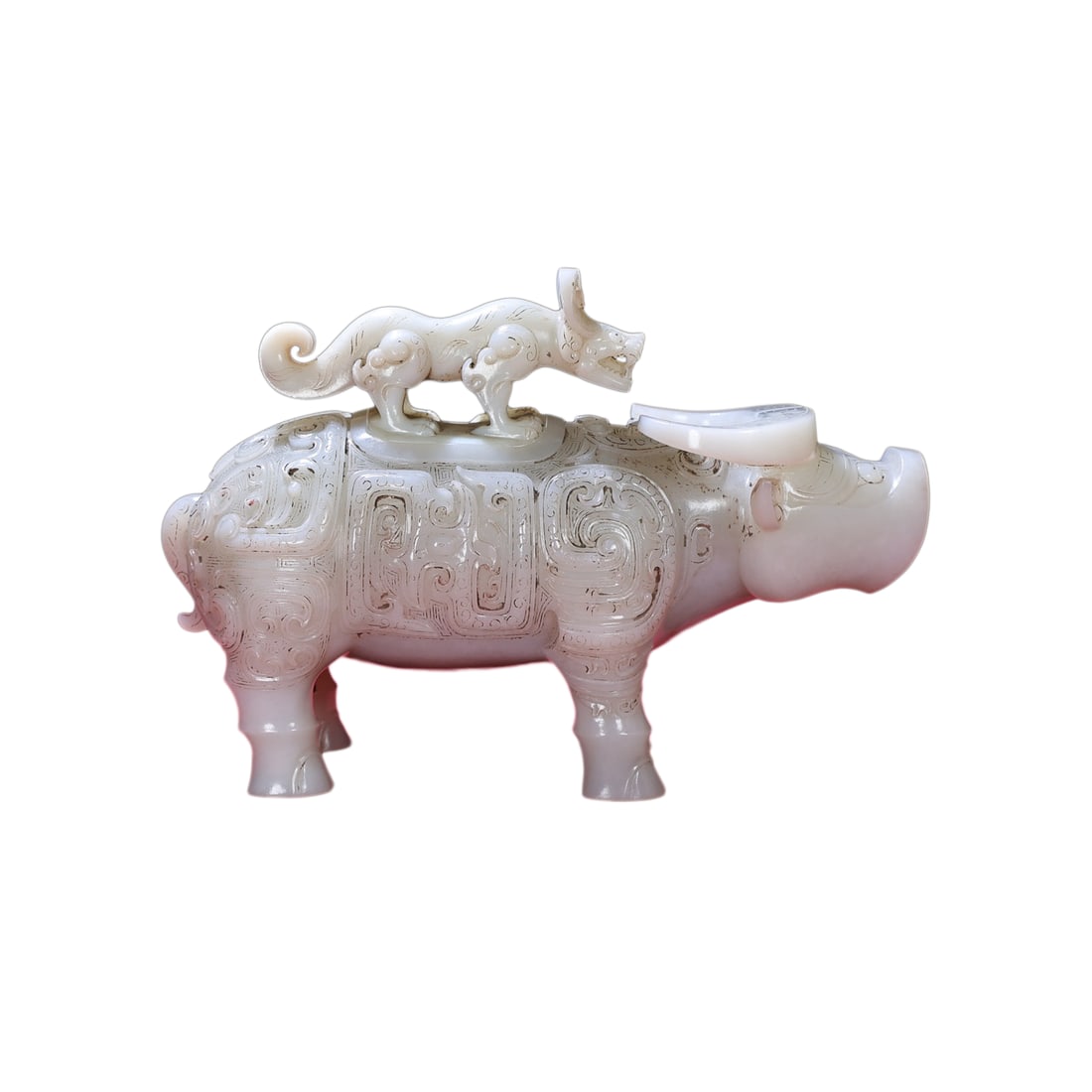 White Hetian Jade Hand-Carved Animal Statue w Fortune Ox(Zun vessel in the shape of a bull) (1 of 9)