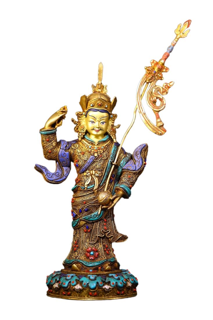 Tibetan Gilt Gold Silver Wires Inlay Lapis Lazuli,Turquoise,Gem Buddha Statue w Padmasambhava Buddha (1 of 10)