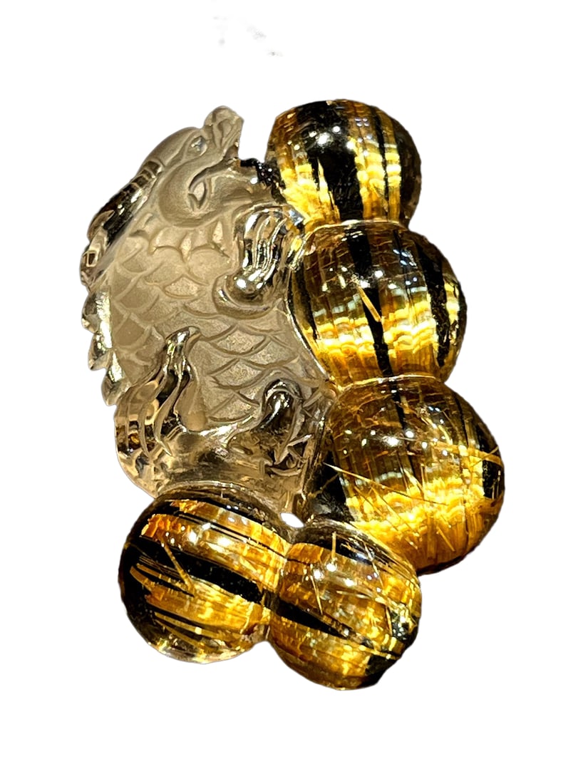 Natural Titanium Crystal Hand-Carved Divine Beast Pendant w Dragon Fish & Four-Seasons Bean: Natural Titanium Crystal Hand-Carved Divine Beast Pendant w Dragon Fish & Four-Seasons Bean(Golden titanium quartz with brilliant metallic luster, featuring robust crystals, strong cat's-eye effect, a