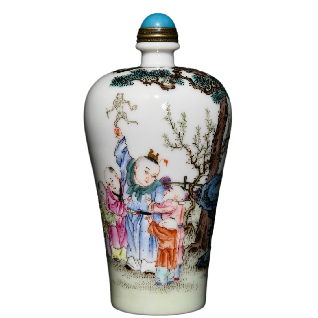 Porcelain Snuff Bottle Gilt Edge Famille Rose w Children at Play & Qing Dynasty QianLong Mark (1 of 10)