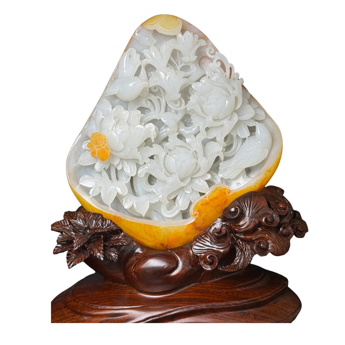 Natural Original Stone Hetian Jade Hand-Carved Animal Plant Statue w Flowers Bird: Natural Original Stone Hetian Jade Hand-Carved Animal Plant Statue w Flowers Bird(Flowers bloom in wealth and honor,Joy arises from grand artistry,The craftsmanship is vivid and fluid,The jade's textu