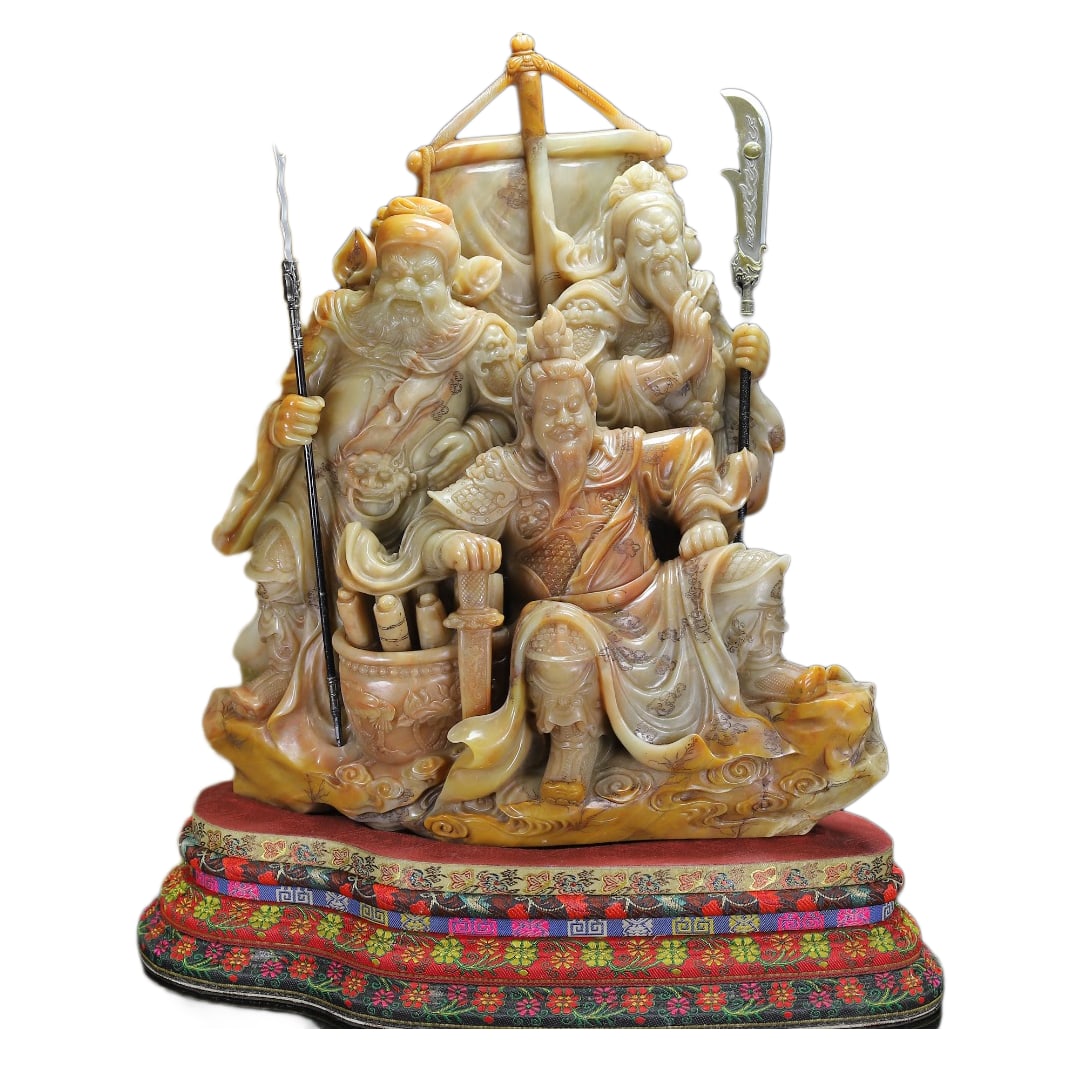 Vintage Tianhuang Shoushan Stone Hand-Carved Figure Statue w The Oath of the Peach Garden: Vintage Tianhuang Shoushan Stone Hand-Carved Figure Statue w The Oath of the Peach Garden(Crafted from superior material, with beautiful coloration, a rich patina, and deep classical character. The li