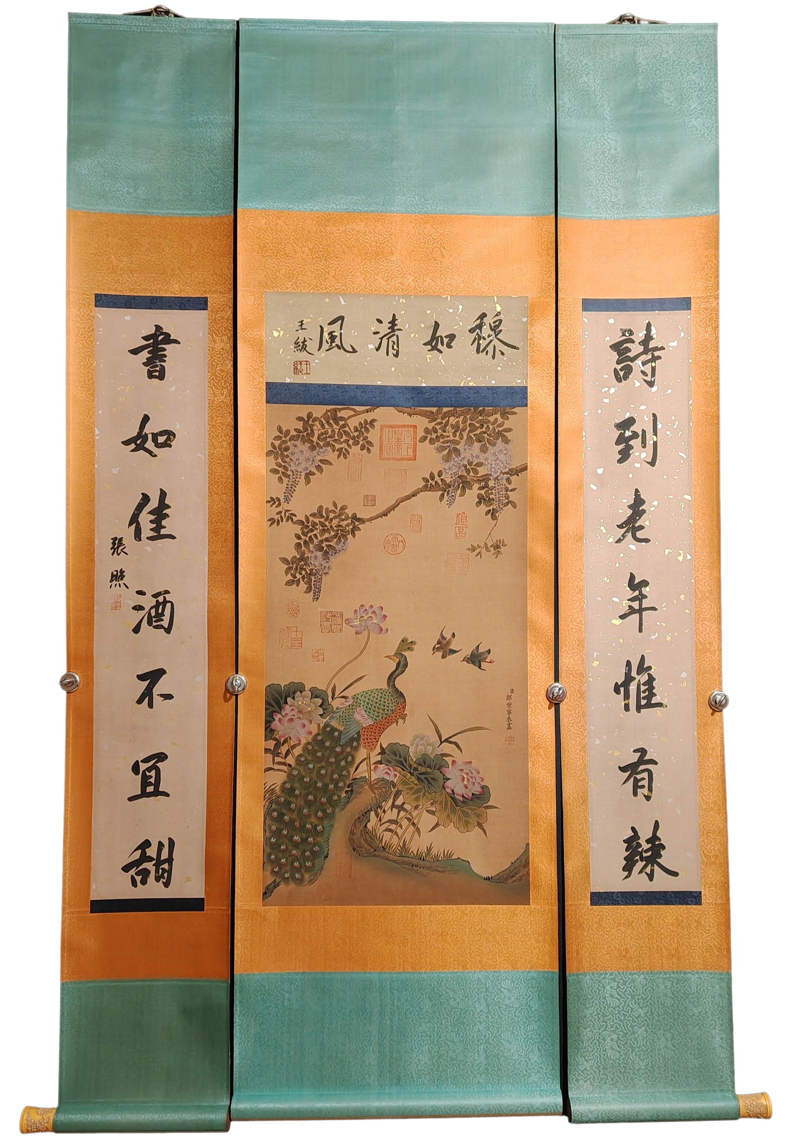 Chinese Watercolour On Silk Flowers Bird Design Painting - Lang Shi Ning & Zhang Xi Couplet: Chinese Watercolour On Silk Flowers Bird Design Painting - Lang Shi Ning & Zhang Xi Couplet Dimension: 1860 x 550 (mm)73.23 x 21.65 (inches)Dimension: 840 x 460 (mm)33.07 x 18.11(inches)Dimension: 186