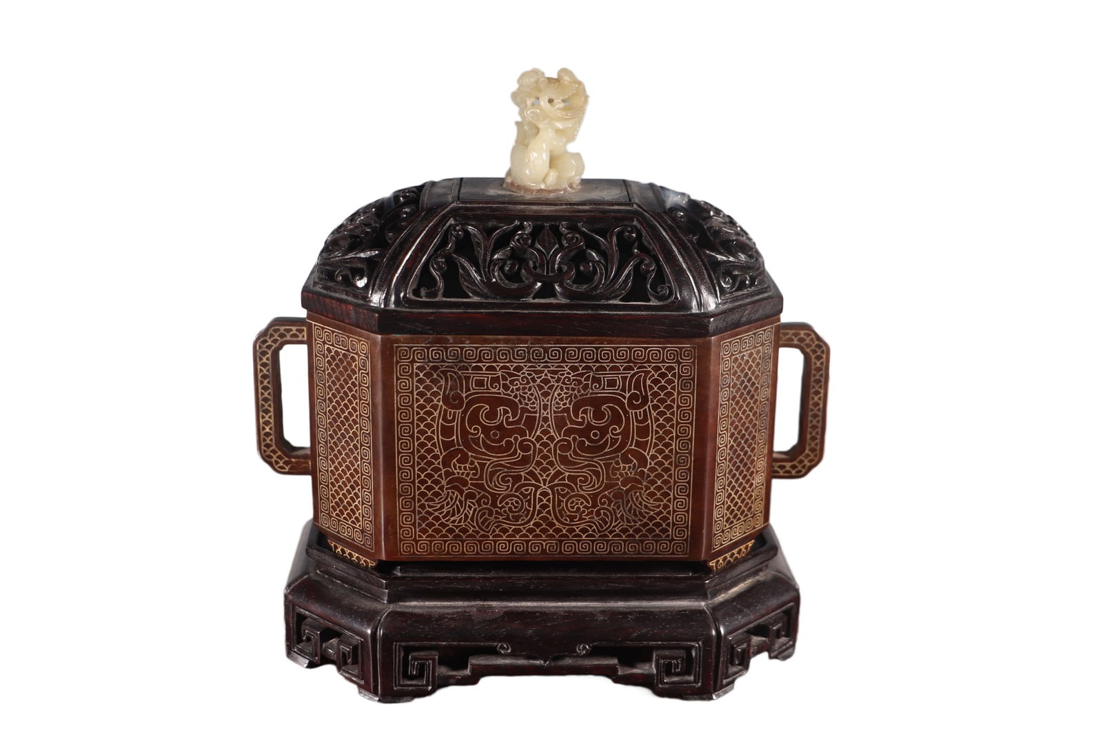 Vintage Copper Inlay Silver Wires Double Ears Incense Burner w Zitan Wood Inlay Jade Lid: Vintage Copper Inlay Silver Wires Double Ears Incense Burner w Zitan Wood Inlay Jade LidDimension: 205 x 195 x 120 (mm) 8.07 x 7.68 x 4.72 (inches) Weight: 6.06 lbs/ 2750 g